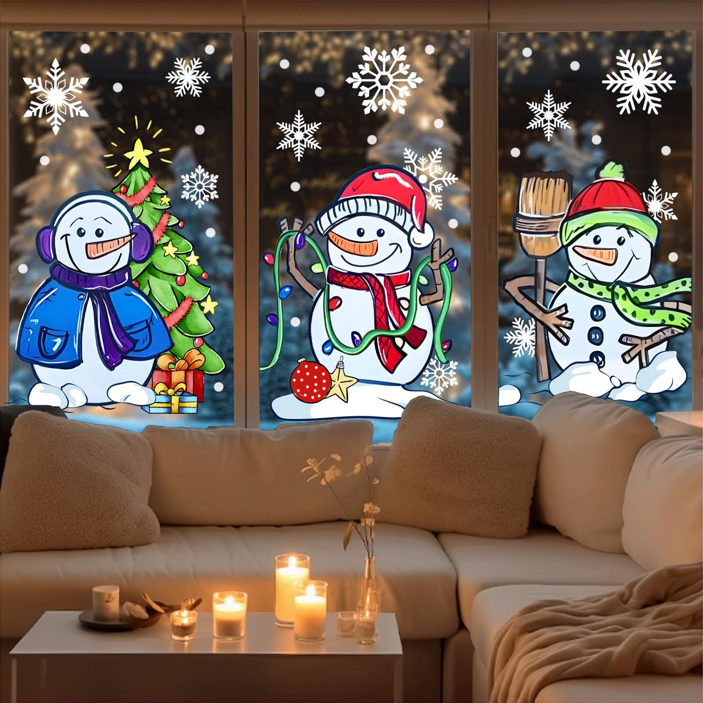 JarThenaAMCS 13.8 * 35.4'' Extra Large Christmas Window Clings 4 Sheets Cartoon Snowman Snowflake Window Stickers Double-Sided Glass Decals for Winter Xmas Home Classroom Office Party Decoration