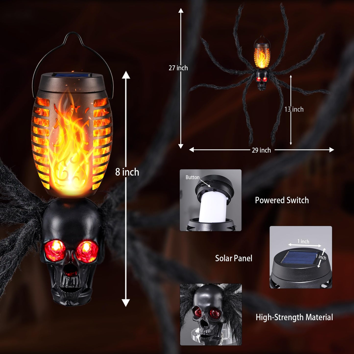 Halloween Skull Flame Lights with 8 Spider Tentacles 2 Pack- Solar Powered Outdoor Lighting Decoration for Halloween Parties, Gardens, and Haunted Displays (Orange, 2 Pack)