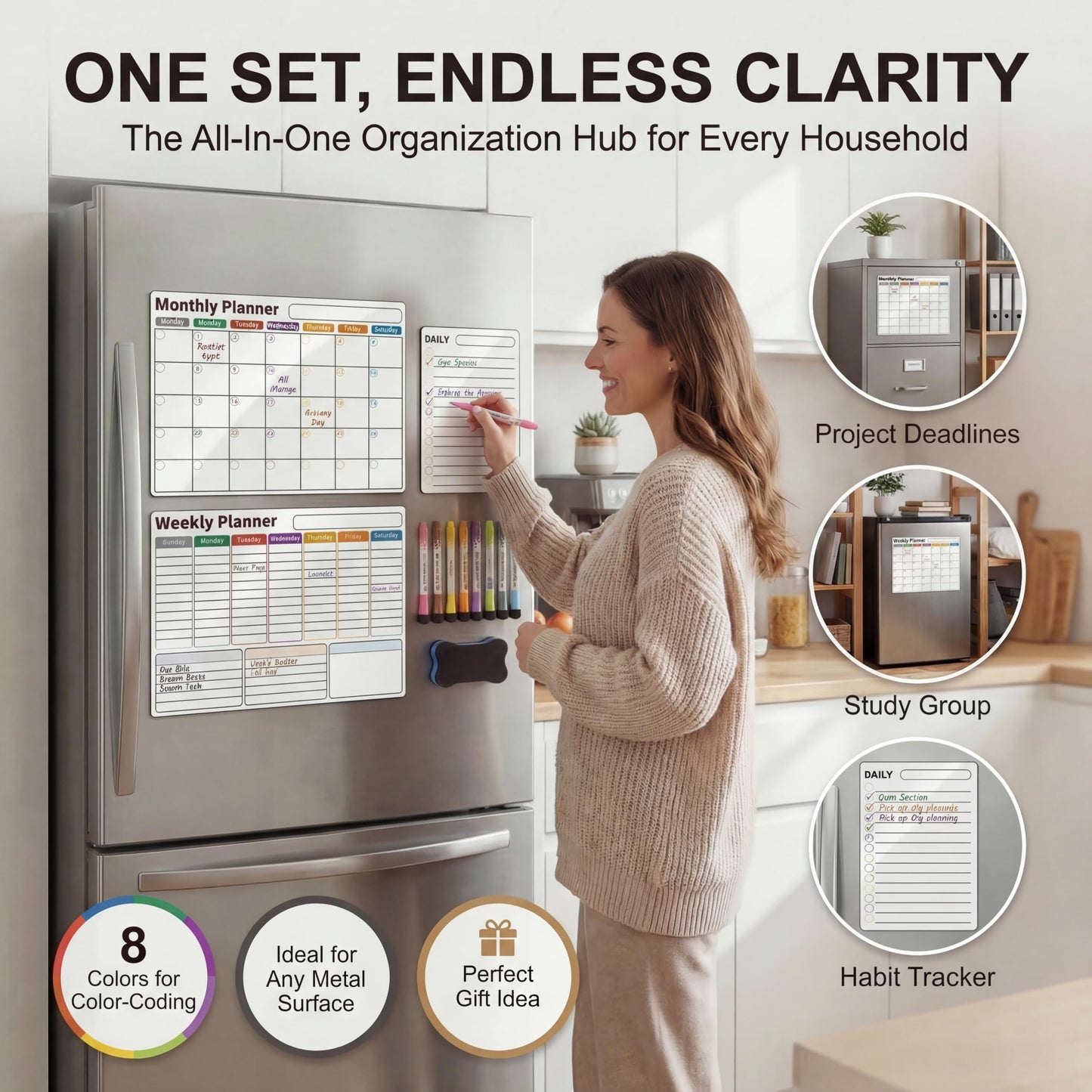 AUVIREC Magnetic Calendar for Refrigerator (3-Pack, Ships Flat) - 17"x12" Monthly, Weekly & Daily Planner with Lined Grids - Nano-Tech Dry Erase Board Fridge Whiteboard, 8 Markers & Eraser