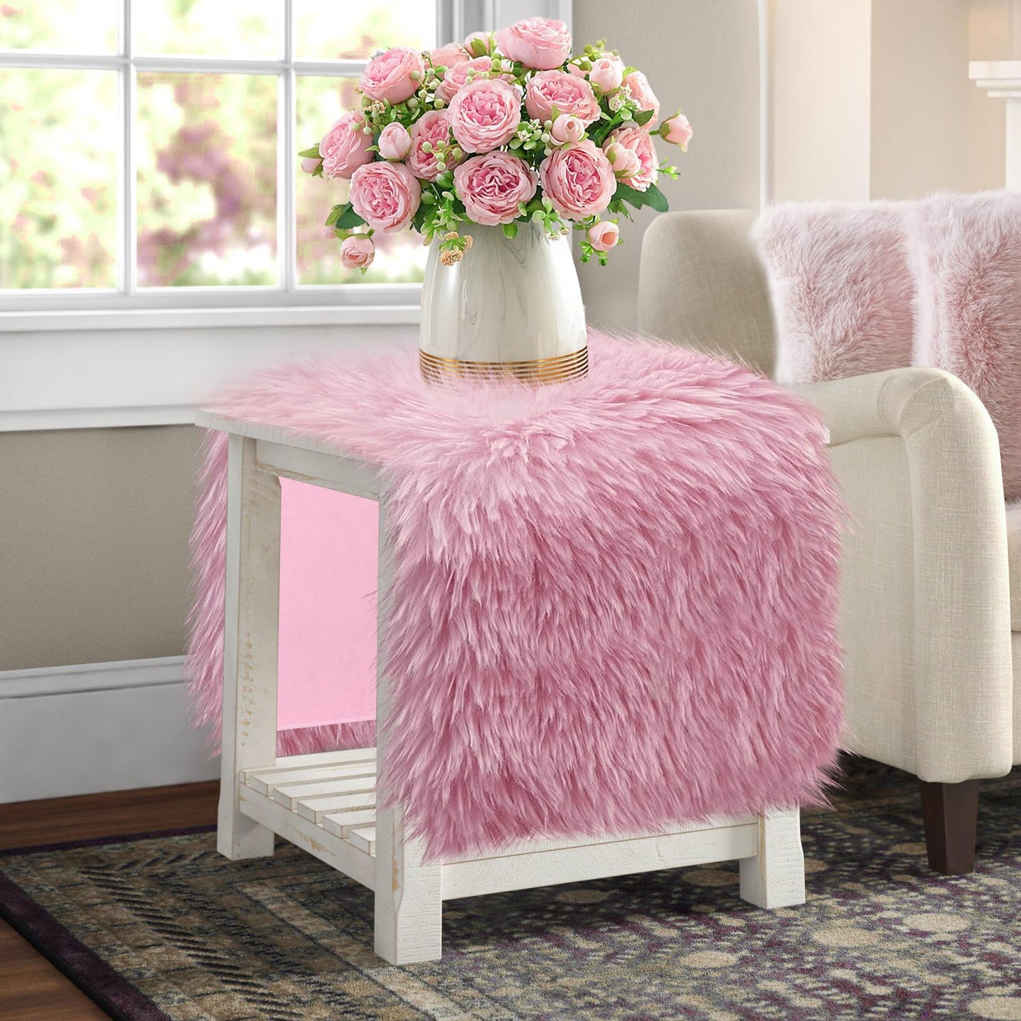 tiosggd Pink Table Runner 12x36 inch, Soft Fluffy Faux Fur Dresser Scarf for Bedroom, Coffee Table, Small Nightstand Cover, Pastel Pink Home Decor for Spring, Birthday, Wedding, Bridal Shower Party