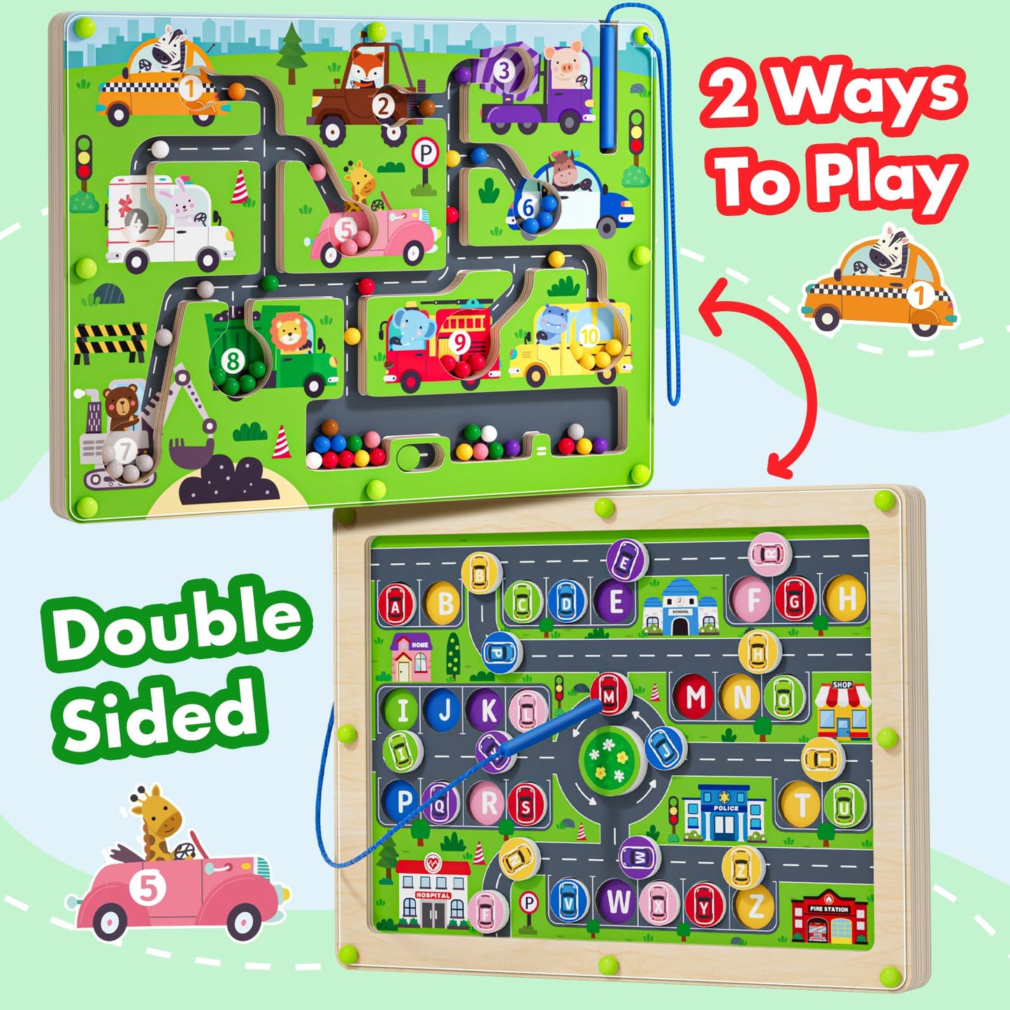 2 in 1 Magnetic Color and Number Maze Double-Sided ABC Alphabet Puzzles Board Magnet Dinosaur Counting Maze Preschool Learning Montessori Education 3 4 5 Years Toys (Car, One Size)