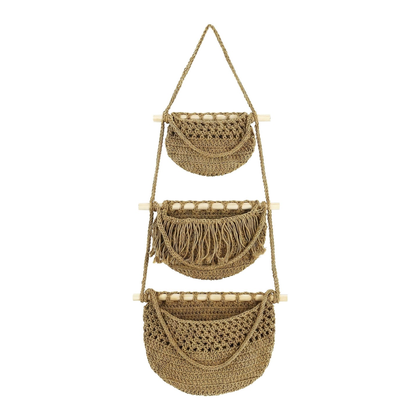 Cabilock 3 Tier Hanging Fruit Basket for Kitchen - Boho Macrame Woven Wall Storage for Onion and Potato, Space-Saving Cotton Rope Produce Organizer for Pantry & Bathroom