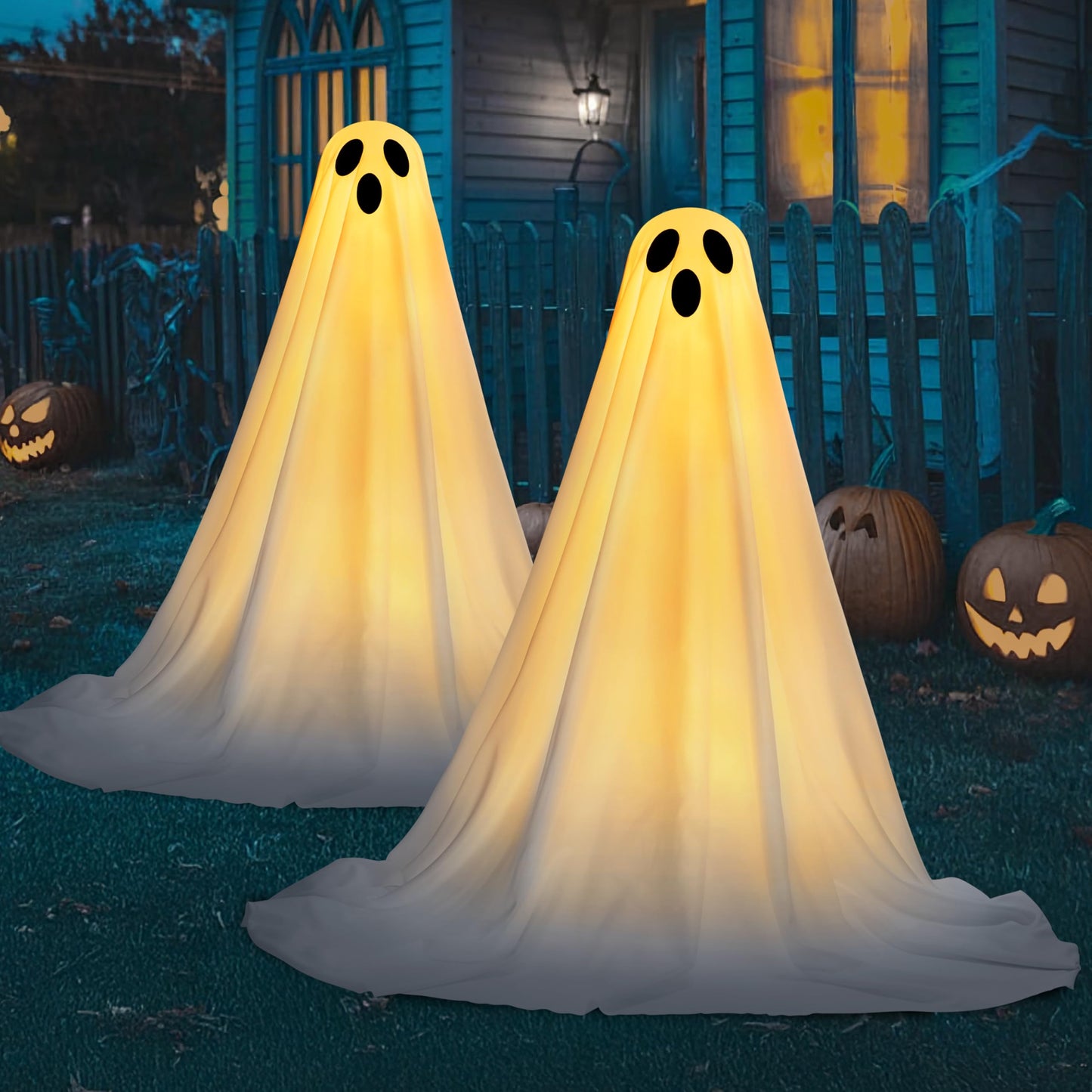 JOYIN 2 Packs 47'' Halloween Decorations Outdoor Standing Ghost, Standing Ghost Halloween Decor with Warm String Lights & Timer for Yard Porch Lawn Garden Party Supplies