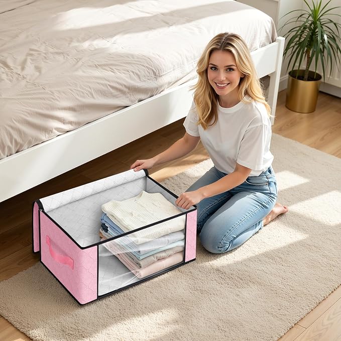 Fab totes 35L Closet Organizers and Storage, Foldable Under Bed Storage Containers, Storage bags for Organizing Bedroom, Closet, Clothing,Organization with Handle (6 Pack,Pink)