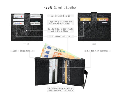 grande 3803 Genuine Leather Card Holder For Women and Men Slim Minimalist Card Case Small Snap Wallet (Black)