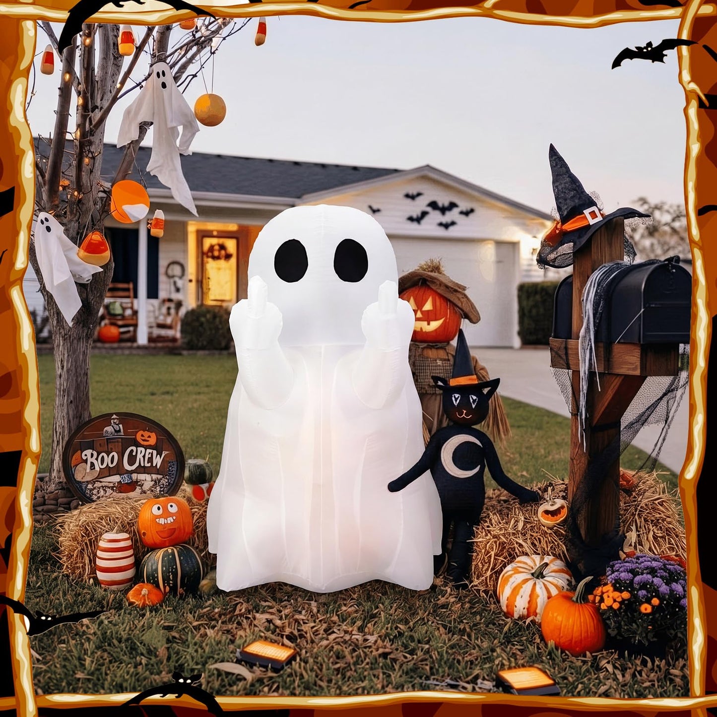 Leyndo 5 FT Halloween Inflatable Ghost Outdoor Decoration Blow Up Ghost Cute Fun Spooky Halloween Inflatable Built in LED Lights for Outdoor Yard Garden Lawn Party Decor(Funny)