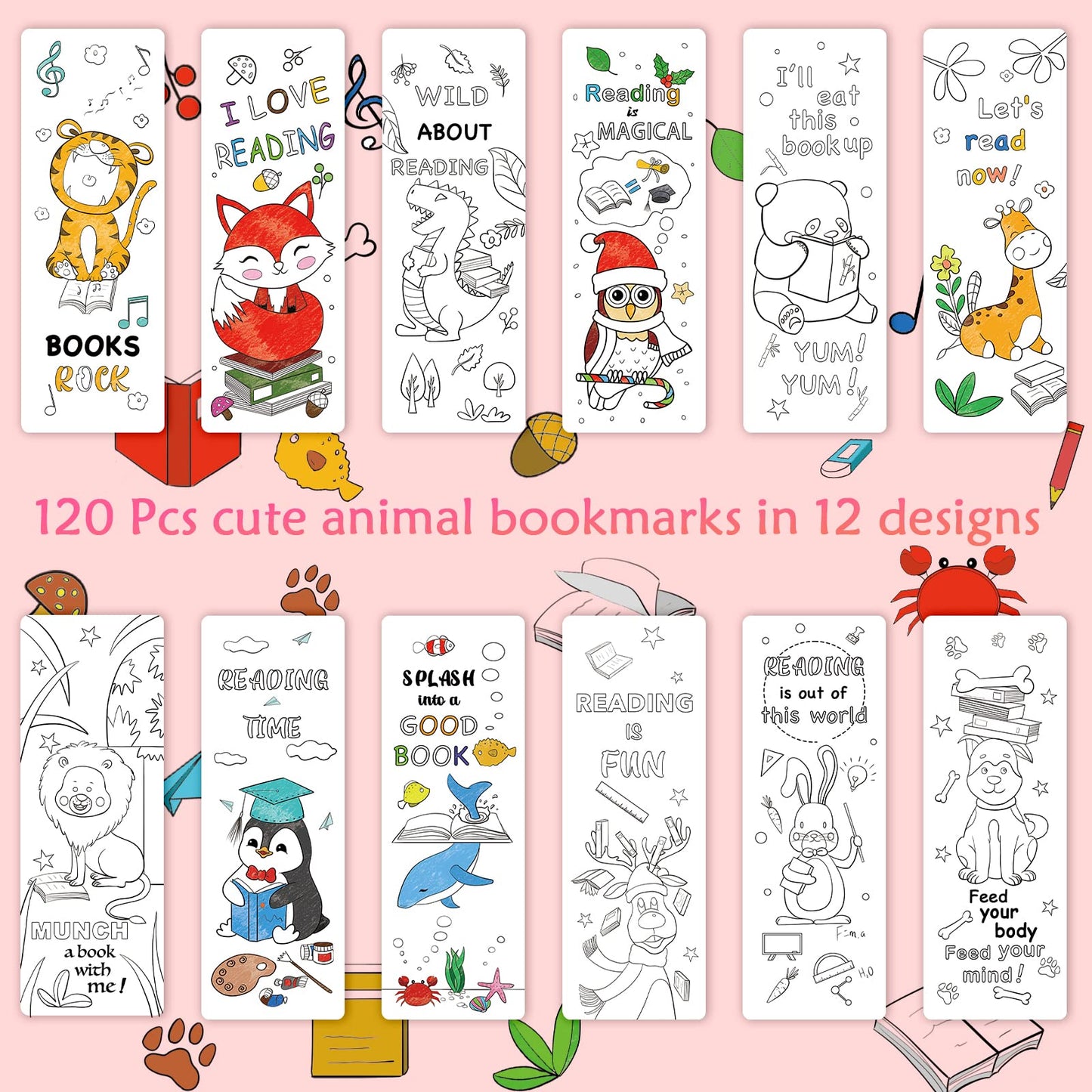 Anseal 120 PCS Color Your Own Bookmarks Bulk, DIY Bookmarks for Kids/Teens, Cute Animal Bookmarks for Reading Lover, 12 Styles Fun & Personalized Bookmark for Students, Classroom Rewards Supplies