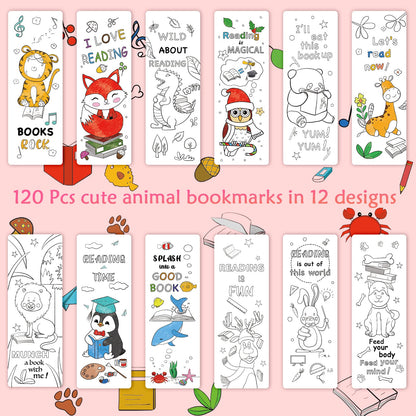 Anseal 120 PCS Color Your Own Bookmarks Bulk, DIY Bookmarks for Kids/Teens, Cute Animal Bookmarks for Reading Lover, 12 Styles Fun & Personalized Bookmark for Students, Classroom Rewards Supplies
