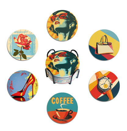 Celercrownv 1950's American Art Retro Coasters Set of 6 with Cork Base and Holder - Cute Absorbent Round Ceramic Aesthetic Drink Coasters Set for Table Decor, Housewarming Gift for Room Bar Decor