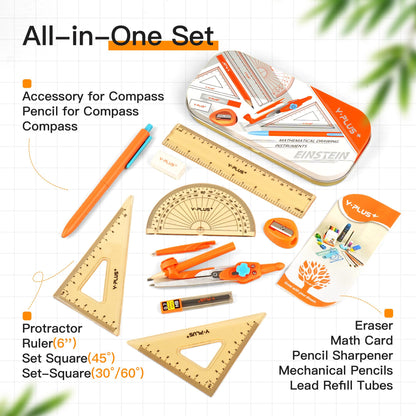 YPLUS Geometry Set for Students, Compass Drawing Tool with Metal Case, Math Protractor with Protractor, Rulers, Metal Compass, Mechanical Pencil - 12 Pcs, Back to School Supplies for Students