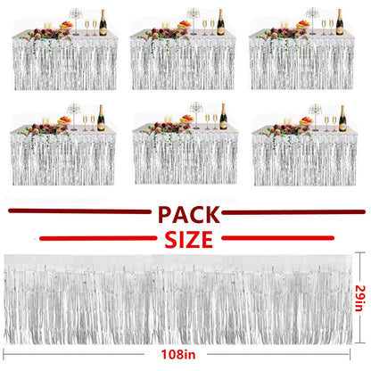 6 Pack Metallic Foil Fringe Tinsel Table Skirt, antfees 29.5''x108'' Disposable Party Table Skirt Banner for Rectangle Tables, Wedding, Birthday, Parade Floats, Party Decoration (Silver)