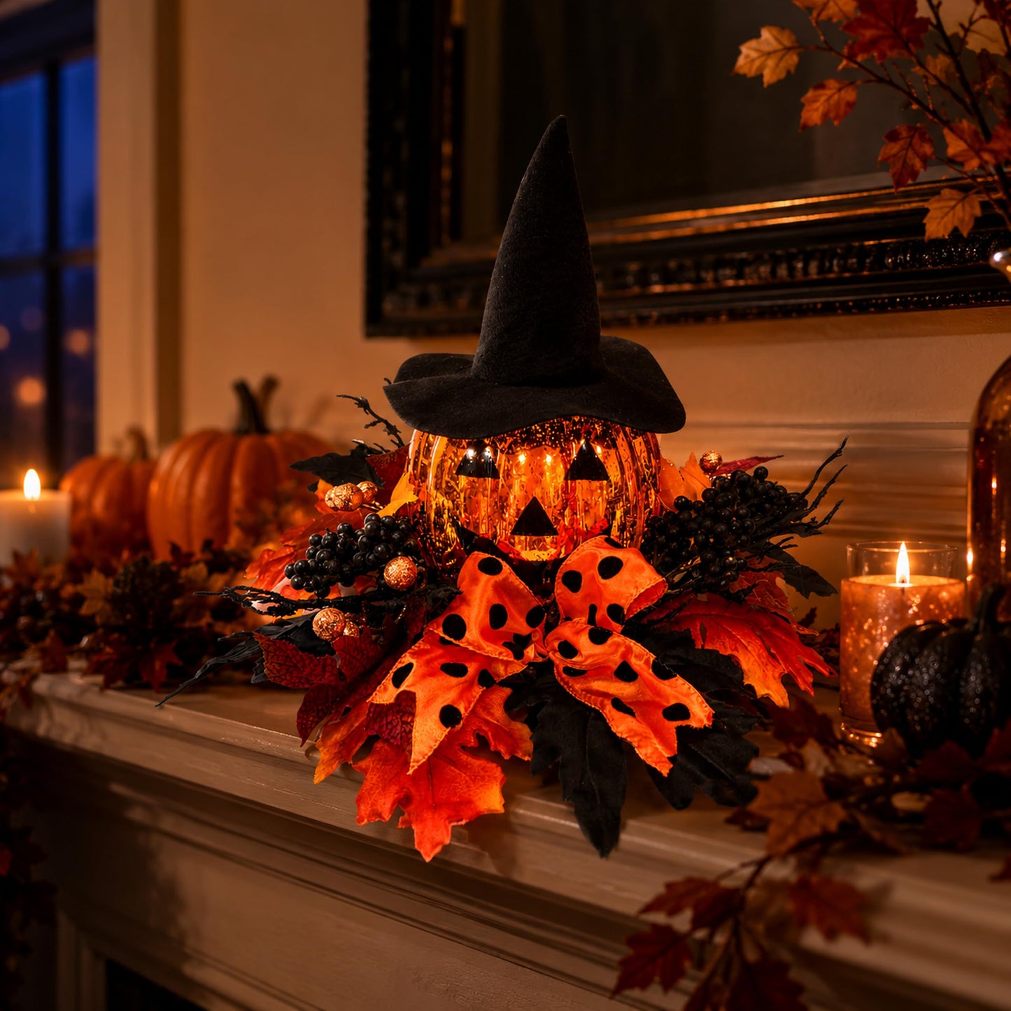 Svndlyn 15 Inch Lighted Halloween Pumpkin Decor with Witch Hat and Bow
