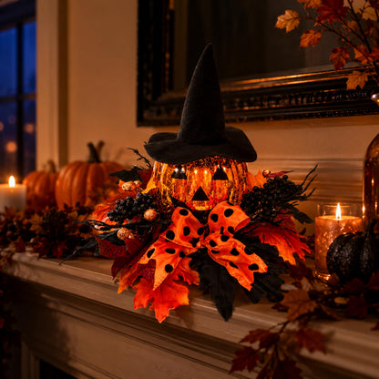 Svndlyn 15 Inch Lighted Halloween Pumpkin Decor with Witch Hat and Bow