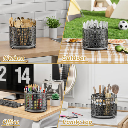 OVICAR 360° Rotating Utensil Holder Caddy - Fast-Drying Silverware Flatware Organizer - 4 Compartment Large Cutlery Holder with Handle For Kitchen Countertop Party Office Picnic Table Black