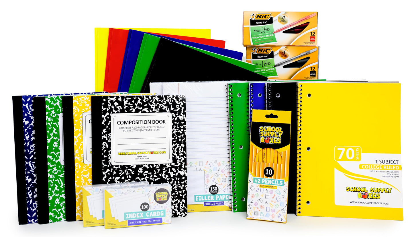 School Supply Boxes | High School Writing Bundle (1 Box) | Back to School Essentials Kit for Students & Teachers | Includes College-Ruled Filler Paper, College-Ruled Notebooks, 12 ct. Pens, & More