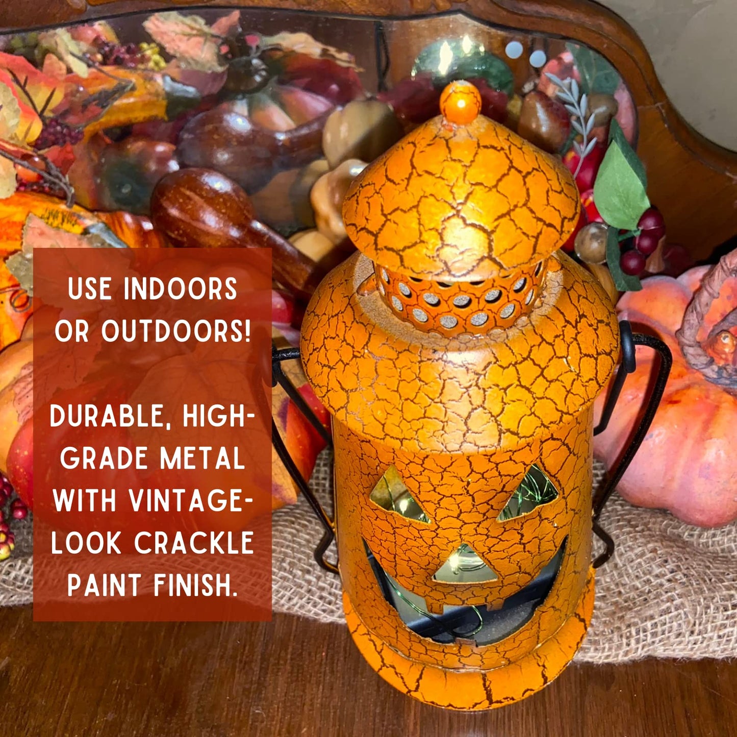 Halloween Pumpkin Rustic Lantern with Handle, Metal Jack O Lantern Fall Decoration, Standing or Hanging- Indoor, Outdoor, by Clovers Garden