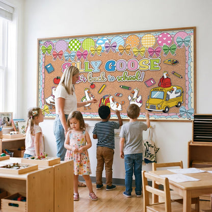 Gersoniel 70 Pcs Silly Goose It's Back to School Bulletin Board Set Goose Bow Book Pencil Banner DIY Paper Cutout for First Day of School Birthday Party Classroom Chalkboard Wall Decorations