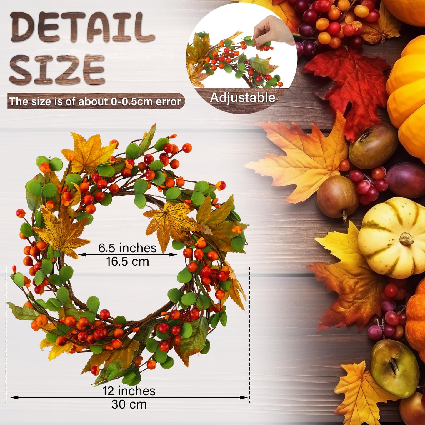 FineCheer 1 Pcs 12'' Outer Fall Thanksgiving Candle Rings Artificial Maple Leaves Berries Garland for Candlestick Autumn Wreath Candle Holders for Table Centerpiece Front Door Decor