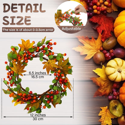 FineCheer 1 Pcs 12'' Outer Fall Thanksgiving Candle Rings Artificial Maple Leaves Berries Garland for Candlestick Autumn Wreath Candle Holders for Table Centerpiece Front Door Decor