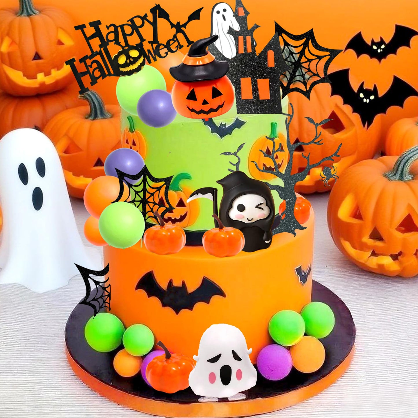 Tyotrbs Halloween Cake Toppers 3D Pumpkin Bat Ghost Cake Balls Cake Decorations Happy Halloween Cake Topper For HalloweenParty Supplies