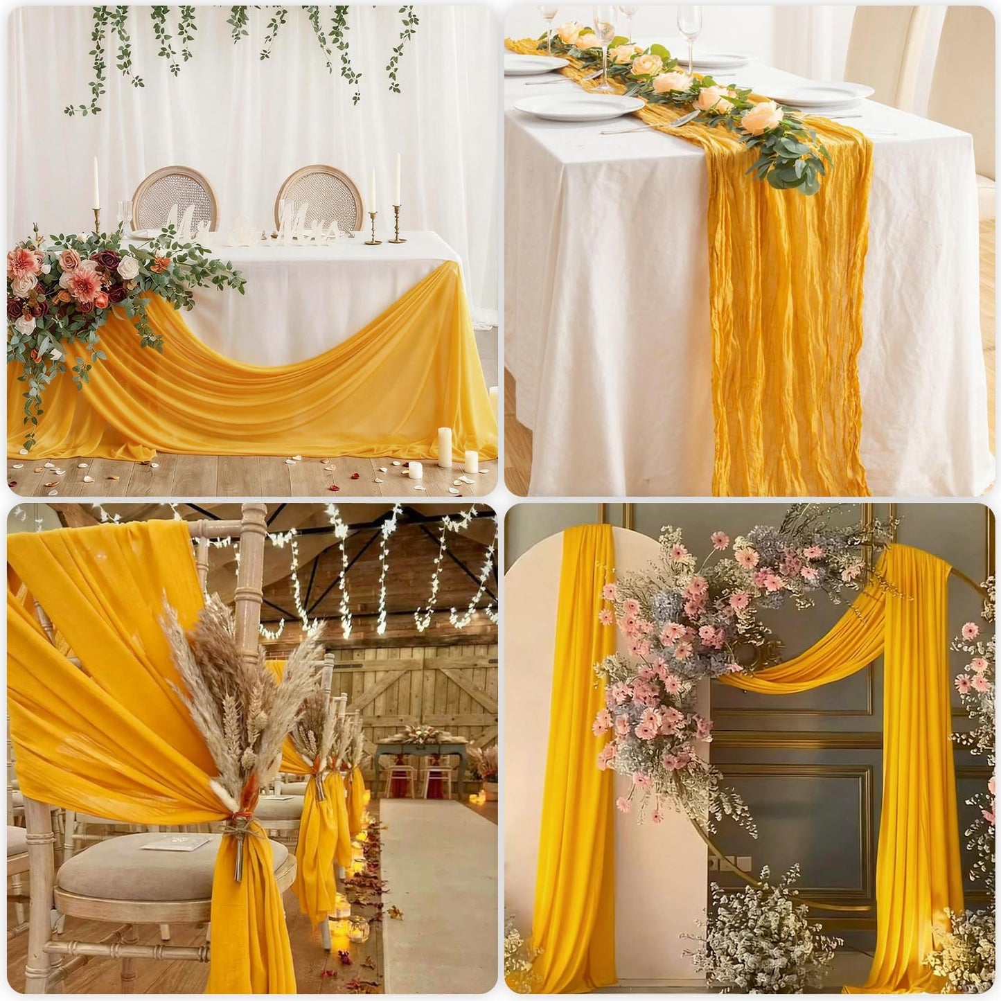 3 Pcs Gold Cheesecloth Table Runner, 35"×120" Halloween Gauze Sheer Table Runner, 10FT Boho Cheese Cloth Table Decorations for Thankgiving Wedding Birthday Autumn Rustic Decor
