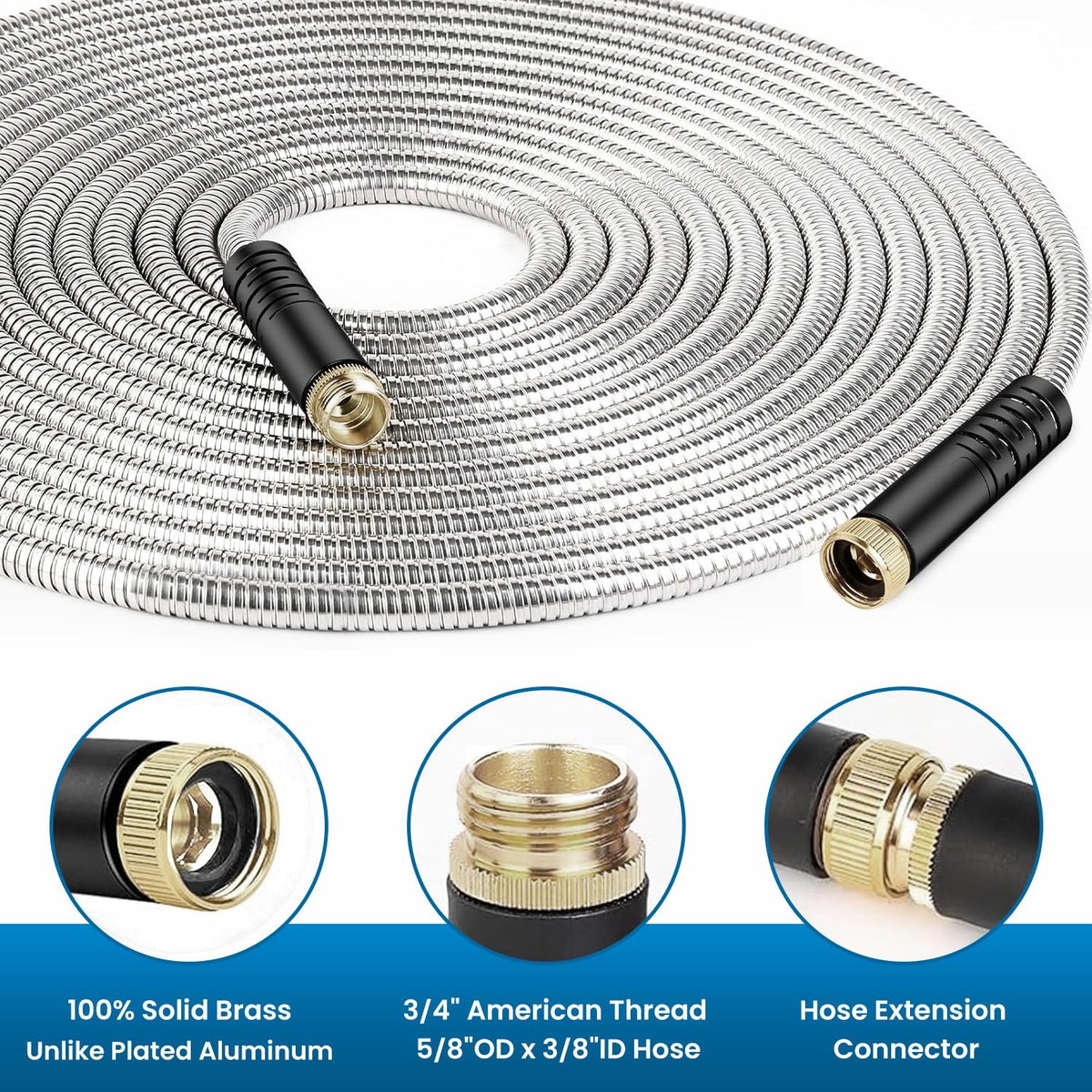Garden Hose 50FT, Water Hose with 10 Function Nozzle, Garden Hose Metal with Leak-proof Connectors, Kink-Free & Ultra Flexible, Rust/Pet/Puncture Proof for Lawn, Yard, RV, Car Wash, 550PSI