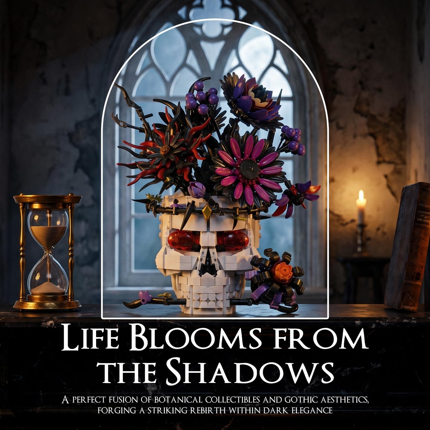 Skull Flower Bouquet Building Set, Wildflower Botanical Collection Kit for Adult Women, Horror Gothic Skeleton Decor for Goth Home Table Art Decor, Girlfriend/Mom/Wife/Couple Gift, Halloween Birthday