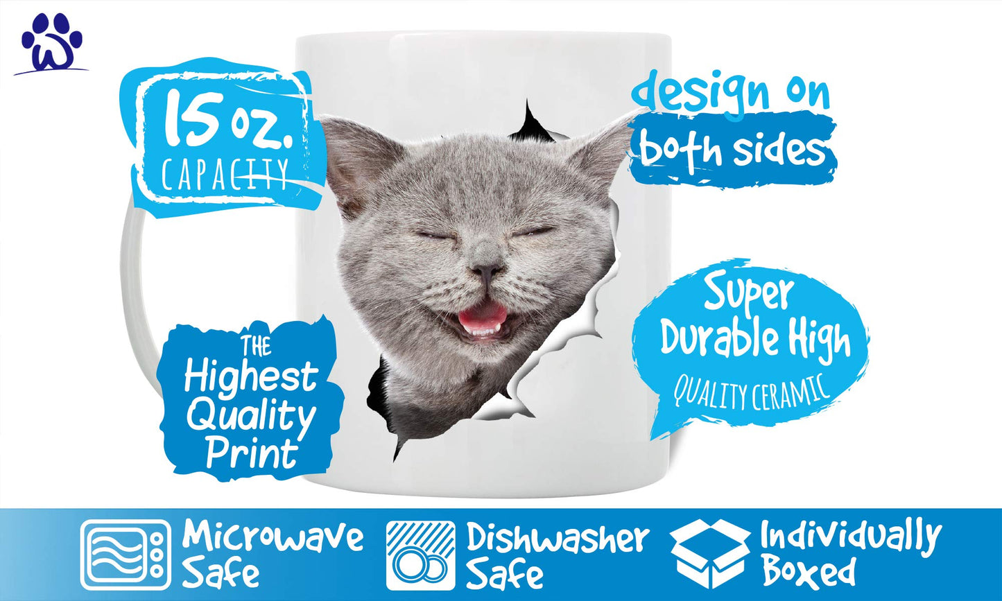 Winston & Bear Laughing Grey Cat Coffee Mug - Funny Ceramic Coffee Mug Gift for Cat Lovers - Cute Novelty Cup for Men and Women (15oz)