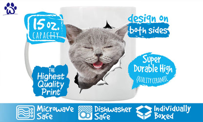 Winston & Bear Laughing Grey Cat Coffee Mug - Funny Ceramic Coffee Mug Gift for Cat Lovers - Cute Novelty Cup for Men and Women (15oz)