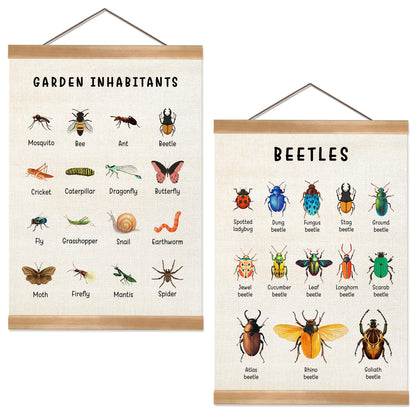 ZTGDA Insect Posters Garden Inhabitants&Beetles Linen Canvas Wall Art with Wooden Frame, Montessori Nature Posters for Classroom Playroom or Homeschool Decor(Set of 2 Insect)