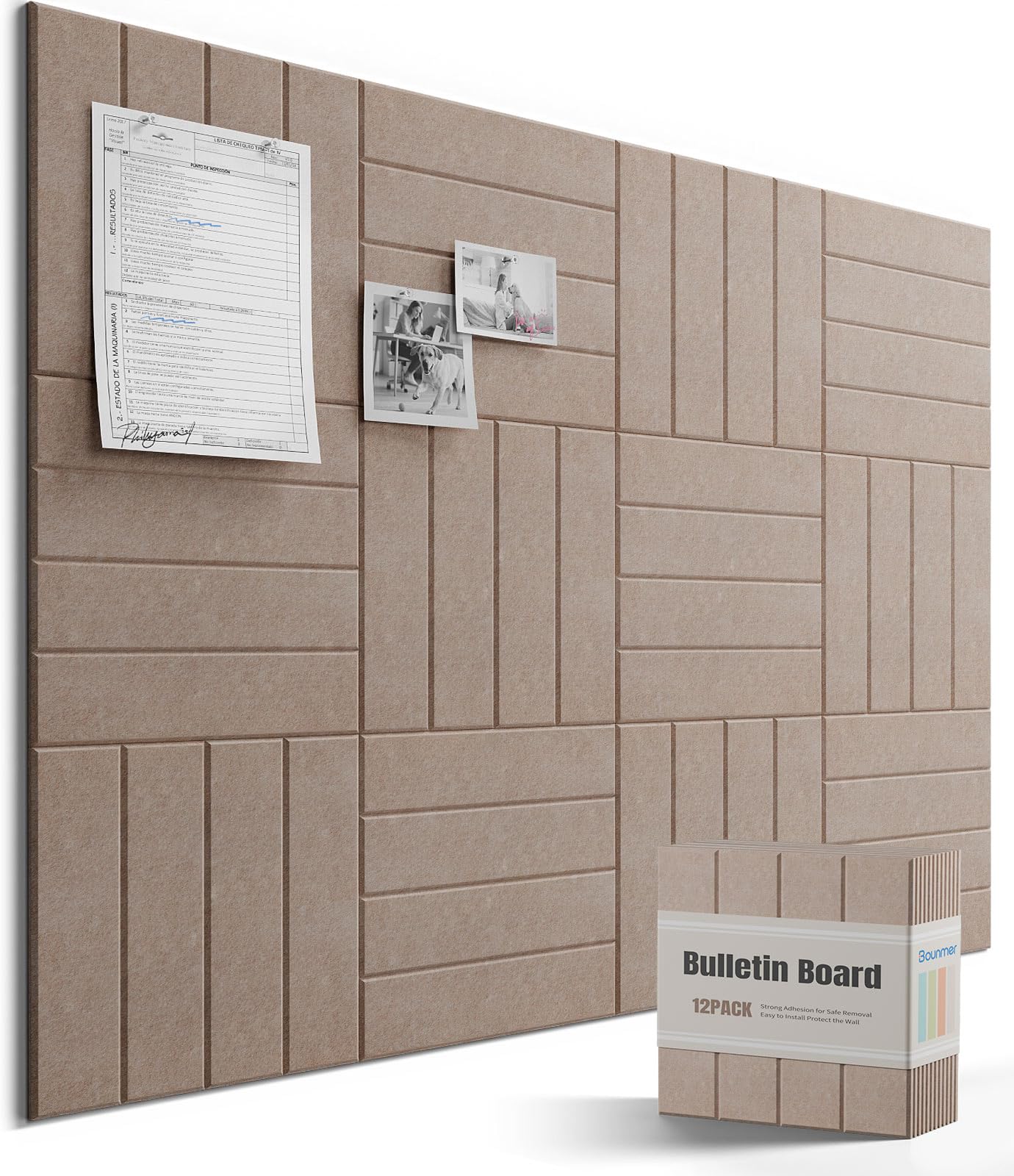 Bounmer Large Cork Board Alternative 48“ x 36”, 12-Pack Felt Bulletin Board Tiles with 60 Safe Removable Adhesive Tabs & 30 Pushpins, Cork Boards for Office Walls Decor (Taupe)