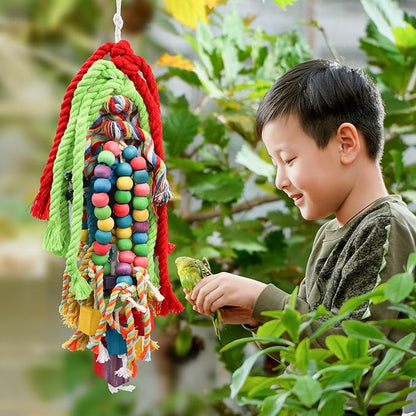 Large Bird Chewing Toys, 21.7 × 5.1 inch Parrot Shredding Wooden Block and Cotton Rope Toys, Cage Accessories for Small to Large Birds Cockatiel Parakeets Lovebirds Conure Macaw African Grey Amazon