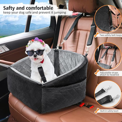 NEEZUKAR Dog Car Seat for Small Dogs,Detachable Washable Dog Booster Seat Under 30lbs, Pet Car Seat Travel Bed with Storage Pockets and Dog Safety Belt (Black/Grey)