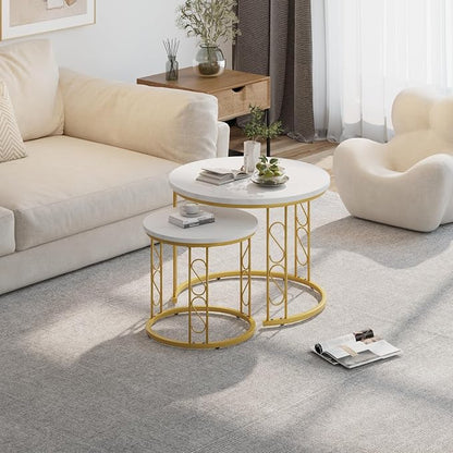 Garden 4 you Coffee Table Faux Marble Nesting Table for Small Place 2 Sets Modern Furniture Living Room Sets End Side Table Night Stand for Bed Room Dining Room (White & Gold)