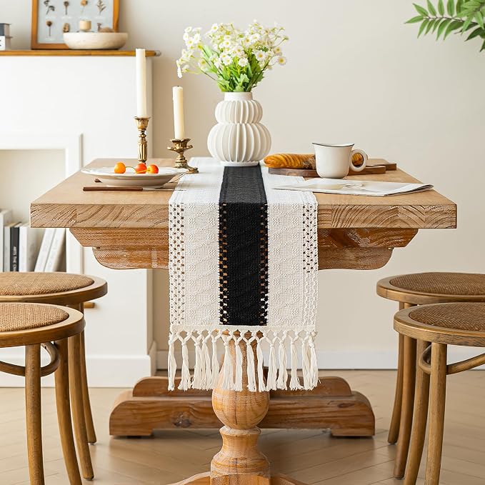 FEXIA Boho Table Runner for Summer Home Decor with Tassels 36 Inches Long Farmhouse Rustic Black Gothic Table Runner Macrame Gothic Burlap Table Decoration for Kitchen Living Room (12x36 Inches)