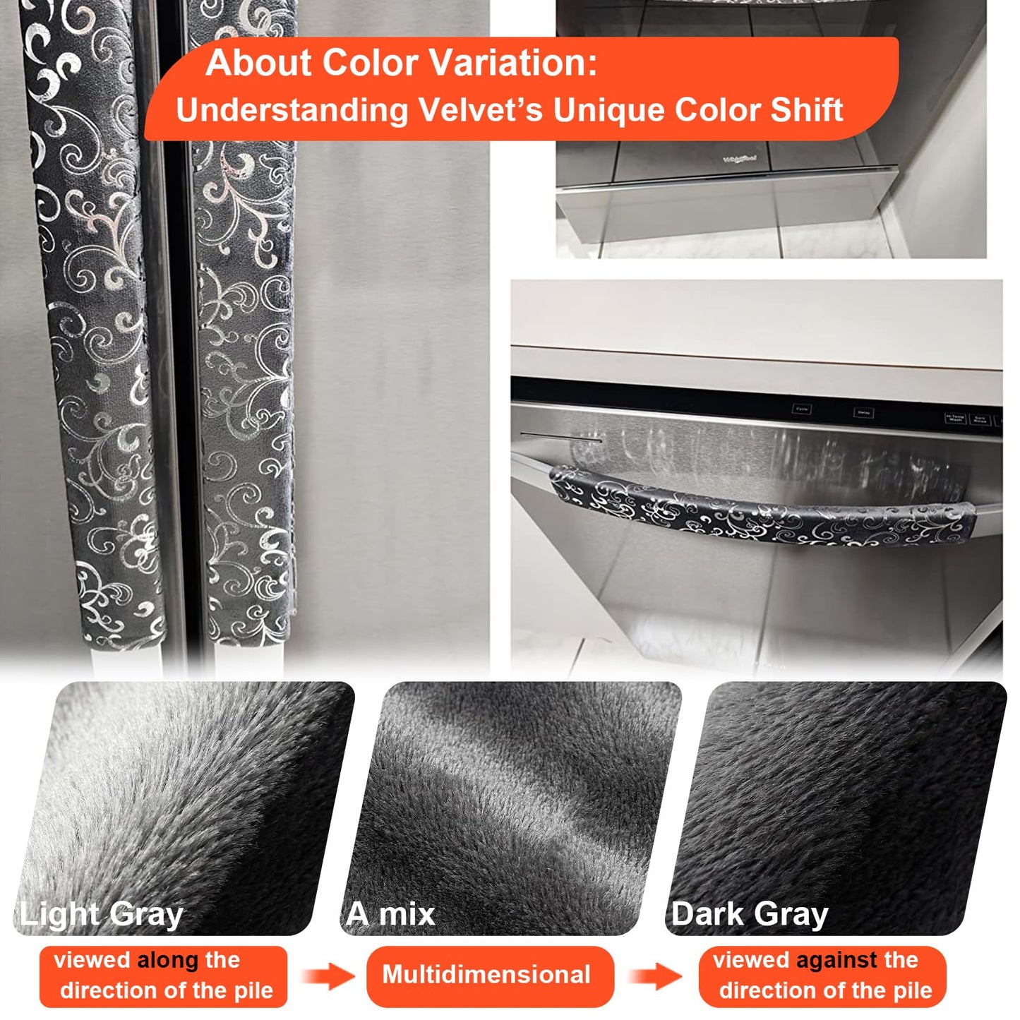Volecy Refrigerator Handle Covers, Set of 6, Washable Velvet Appliance Door Handle Covers, Adjustable Handle Protectors, Kitchen Decor Keep Clean for Fridge Oven Stove Microwave Dishwasher(Gray Silve)