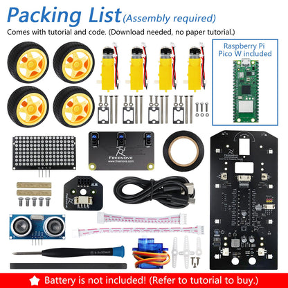 Freenove 4WD Car Kit for Raspberry Pi Pico W (Included) (Compatible with Arduino IDE), Dot Matrix Expressions, Obstacle Avoidance, Line Tracking, Light Tracing, Colorful Light, App