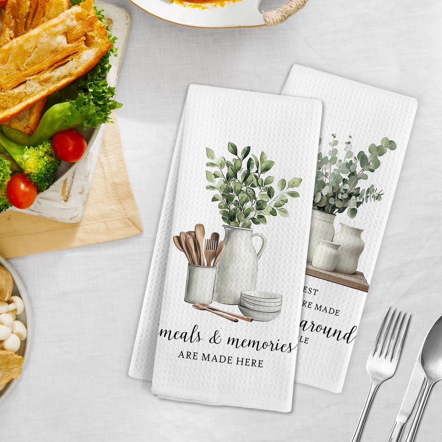 Gnmduw Eucalyptus Leaves Kitchen Towels, Sage Green Farmhouse Cooking Hand Towels Set of 2, Meals and Memories Are Made Here Hand Dish Tea Towel for Kitchen Bathroom Decor, Baking Gift for Chef,16x24