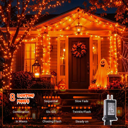 QITONG 165ft 500 LED Orange String Lights, Twinkle Lights Outdoor Waterproof with 8 Modes, Green Wire Orange Christmas Light Plug in Indoor with Timer Memory