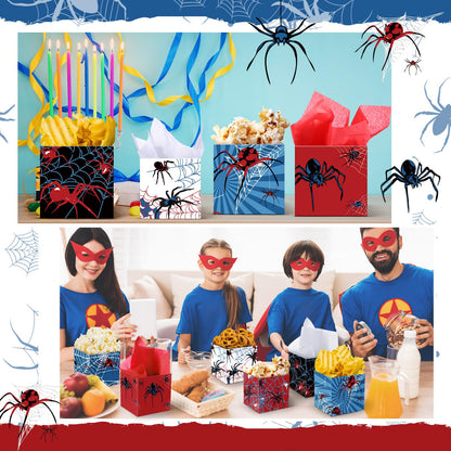 Spiareal 6 Set Spider Birthday Party Decoration Favor PVC Spider Snack Popcorn Bucket Centerpiece for Table Candy Cookie Treat Container with Red White Blue Snow Pear Paper for Birthday Party Supplies