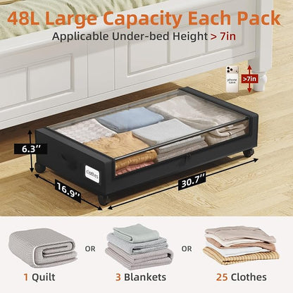 Somdot Under Bed Storage with Wheels, 4 Pack Bed Storage Containers with Dividers & Clear Lids, Easy Pull-out Metal Drawer for Clothes, Shoes,Toys, Blankets (Black)