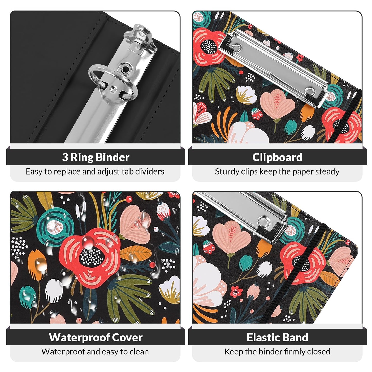 SKYDUE 1 Inch 3-Ring Binder with Clipboard, PU Binder with 5 Dividers, Notepad, Stickers & Pockets for Work and School - Aesthetic Binder (Letter Size)
