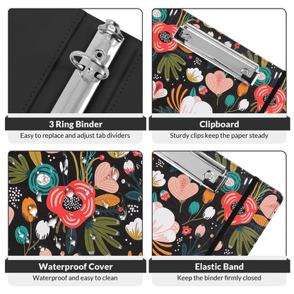 SKYDUE 1 Inch 3-Ring Binder with Clipboard, PU Binder with 5 Dividers, Notepad, Stickers & Pockets for Work and School - Aesthetic Binder (Letter Size)