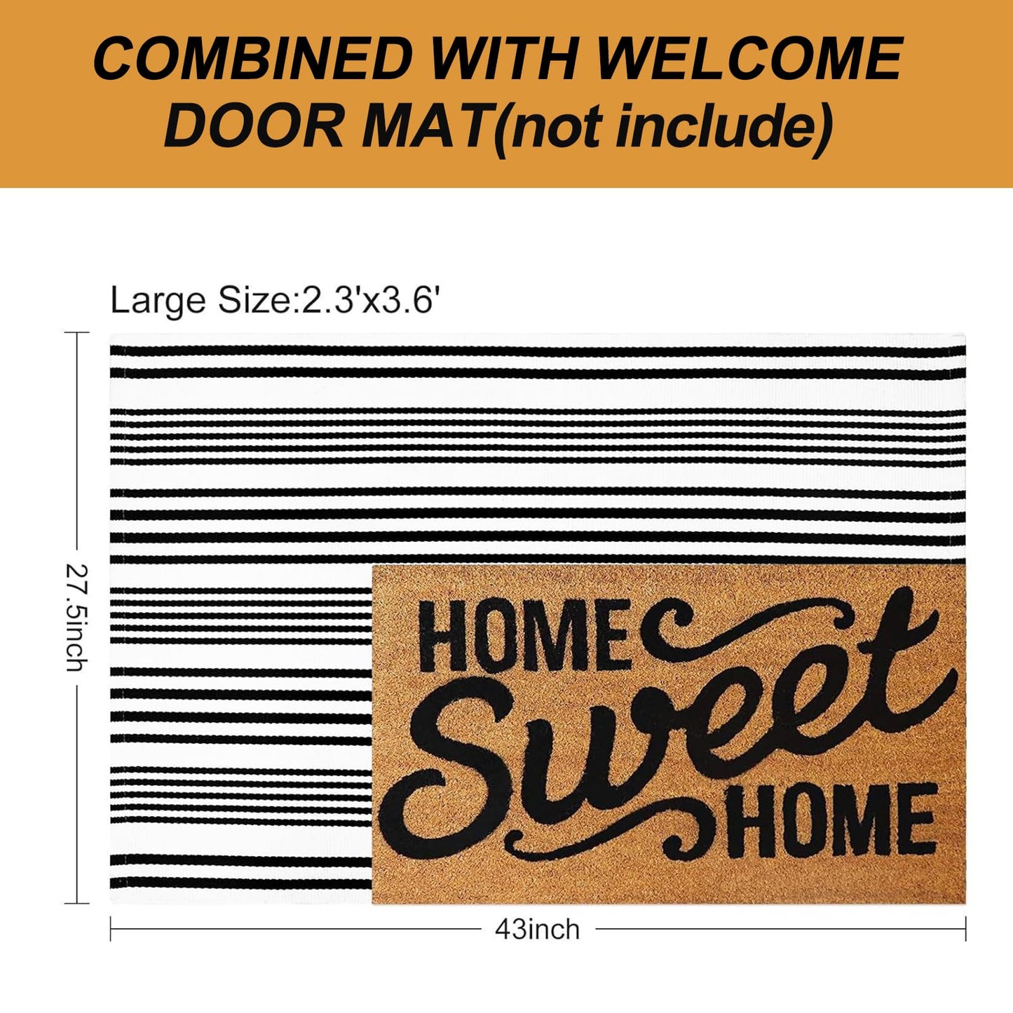 Black and White Striped Outdoor Rug, 27.5"x43" Cotton Modern Hand-Woven Reversible Front Porch Door Mat Welcome Layered Doormat Washable Doorway Carpet for Farmhouse Kitchen Laundry Room