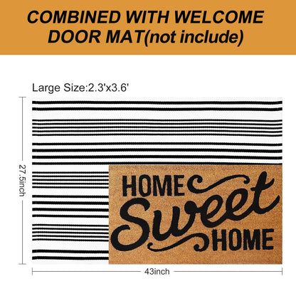 Black and White Striped Outdoor Rug, 27.5"x43" Cotton Modern Hand-Woven Reversible Front Porch Door Mat Welcome Layered Doormat Washable Doorway Carpet for Farmhouse Kitchen Laundry Room