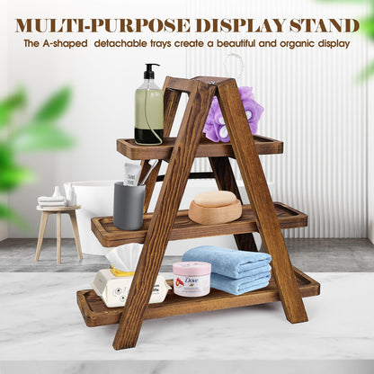 NANXITU Wooden Cupcake Stand,3 Tier Cake Stands Party Food Display Serving Platter Tray Ladder Stand with Swing and Flower Decor,Rustic Dessert Table Display Set for Cake Fruit Donut Snack Cookie