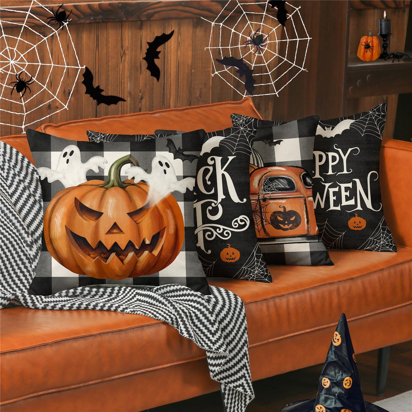 MODOVOS Halloween Pillow Covers 18x18 Set of 4 Buffalo Plaid Spooky Ghost Pumpkin Truck Halloween Decorations Trick or Treat Throw Pillow Covers Spider Web Bat Cushion Case for Sofa Couch