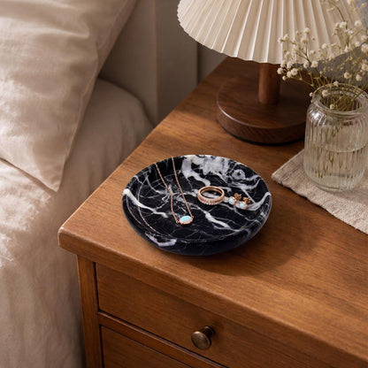 Small Natural Marble Jewelry Tray Key Plate Holder Dish Trinket Decor Catch All Bowl for Ring Earring Stone Gift for Women Daugther,Black,5.5"