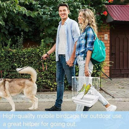 Small Bird Cage - 12x12x14.6 in Lightweight Travel Outdoor Birdcage for Parakeets, Budgies & Canaries and More Small Birds, Bird Carrier with Handle, Stand, Removable Tray, Portable for Hanging, White