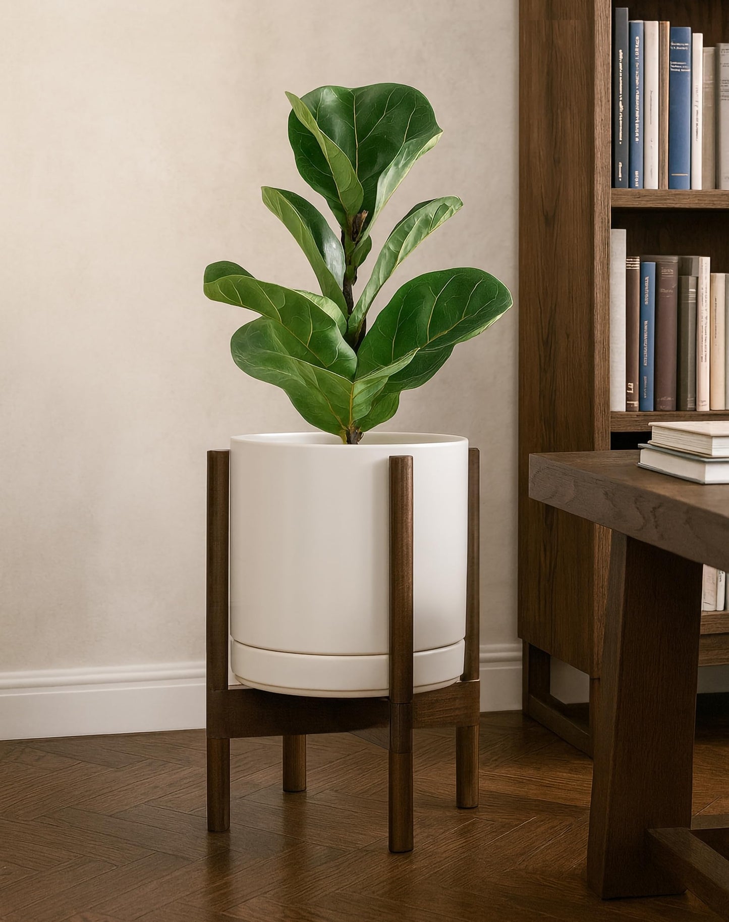 D'vine Dev Ceramic Planter with Walnut Color Stand - 10 Inch Modern Round Flower Pot with Wood Planter Holder, Oatmeal, 55-B-X-8
